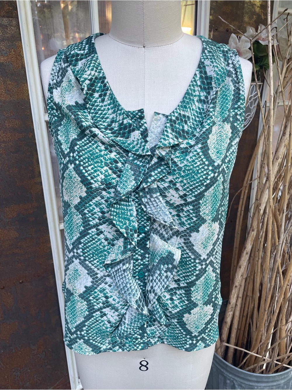 Tahari Teal and White Snake-Print Blouse